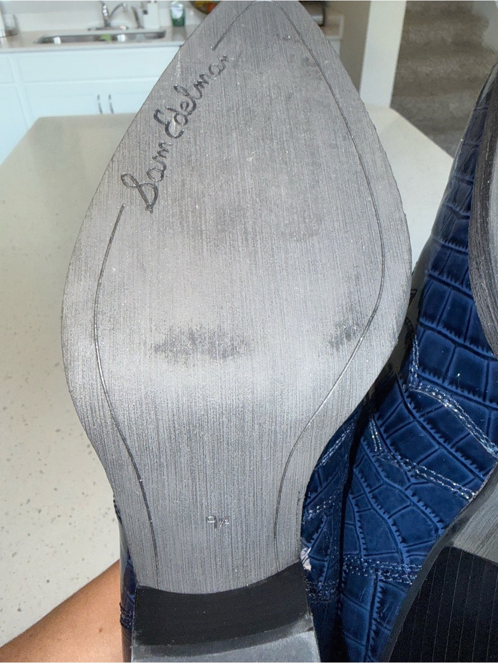 Sam Edelman Navy Croc-Embossed Patent Ankle Booties - Picture 12 of 14